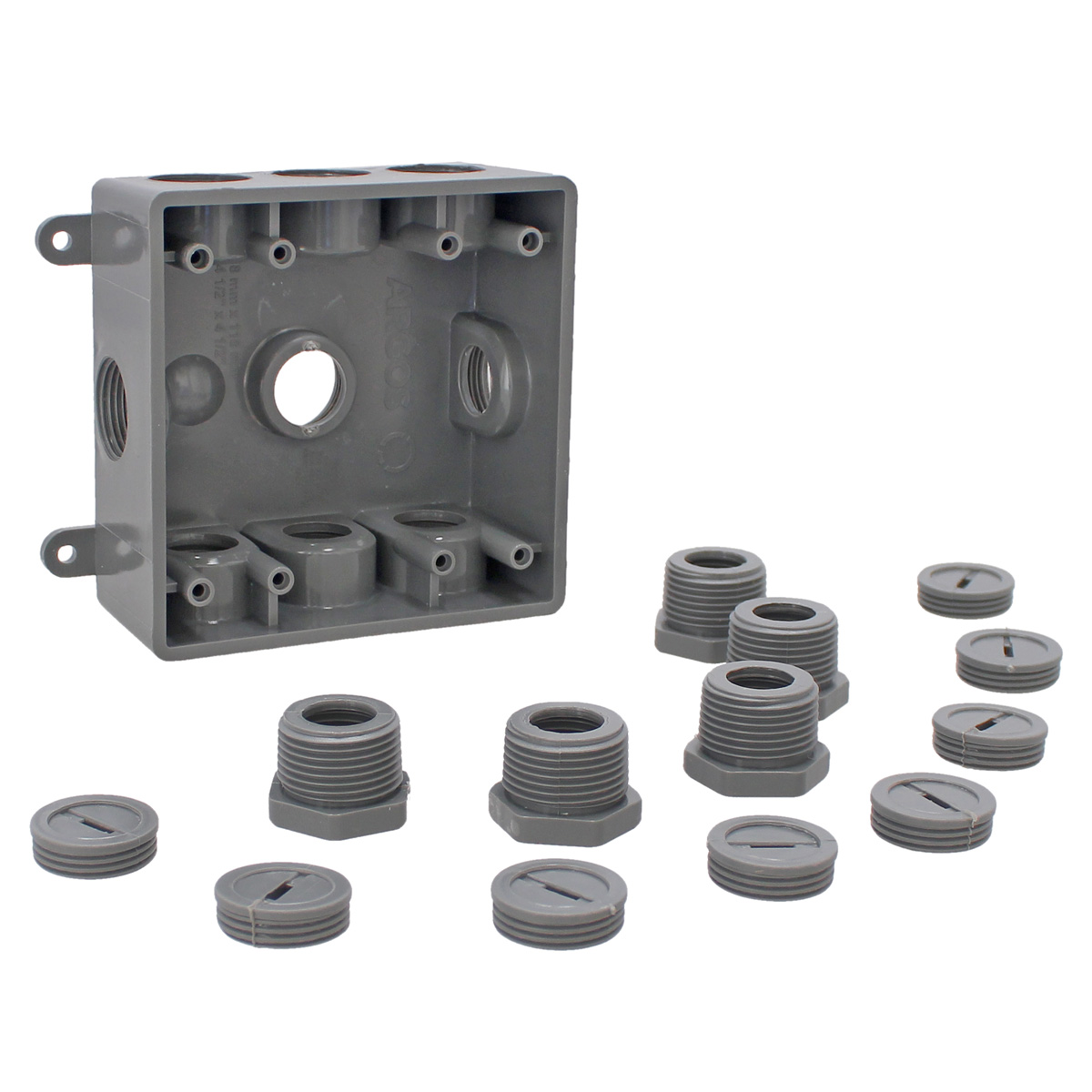 Caja cuadrada no metálica gris 9 orificios roscados de 1/2" o 3/4" CAPC719G ARGOS
