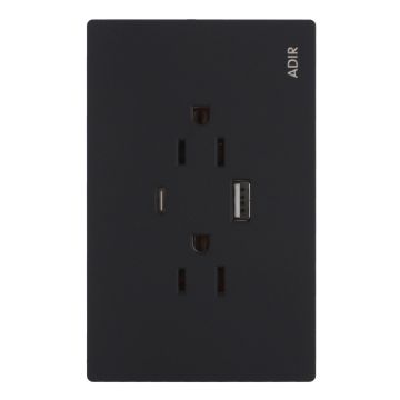 Placa con 2 contactos, 1 entrada USB "A" y 1 entrada USB "C", negro mate Línea Cantabria Flat 18043 Adir