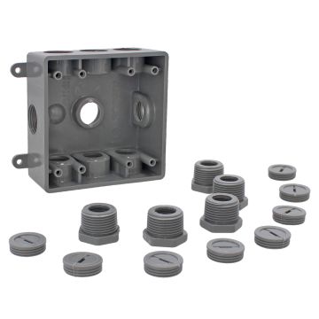 Caja cuadrada no metálica gris 9 orificios roscados de 1/2" o 3/4" CAPC719G ARGOS