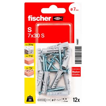 Kit de 12 taquetes de expansión S 7x30 con tornillos 14887 Fischer