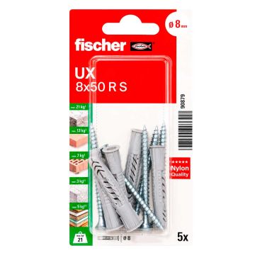 Kit de 5 taquetes universales UX 8x50 R S con tornillos 90879 Fischer