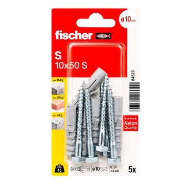 Kit de 5 taquetes de expansión S 10x50 S con tornillos 84323 Fischer