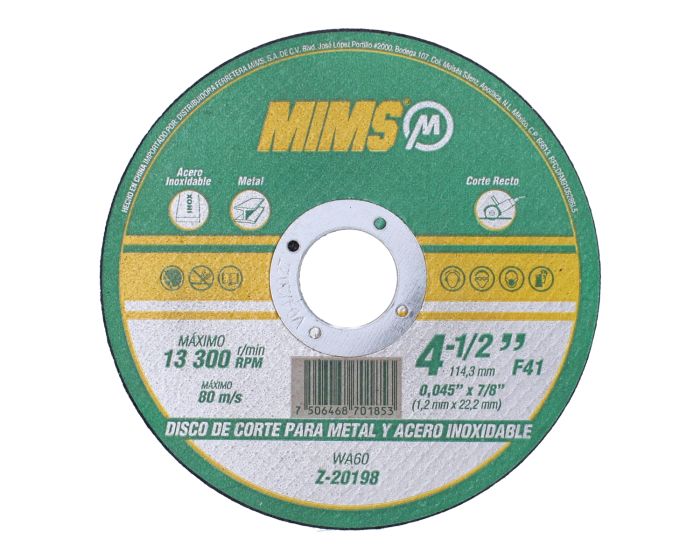 Disco para corte de metal y acero inoxidable 4-1/2" MIMS