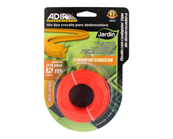 Hilo tipo cruceta para desbrozadora 2.4 mm x 12 metros naranja 10692 Adir
