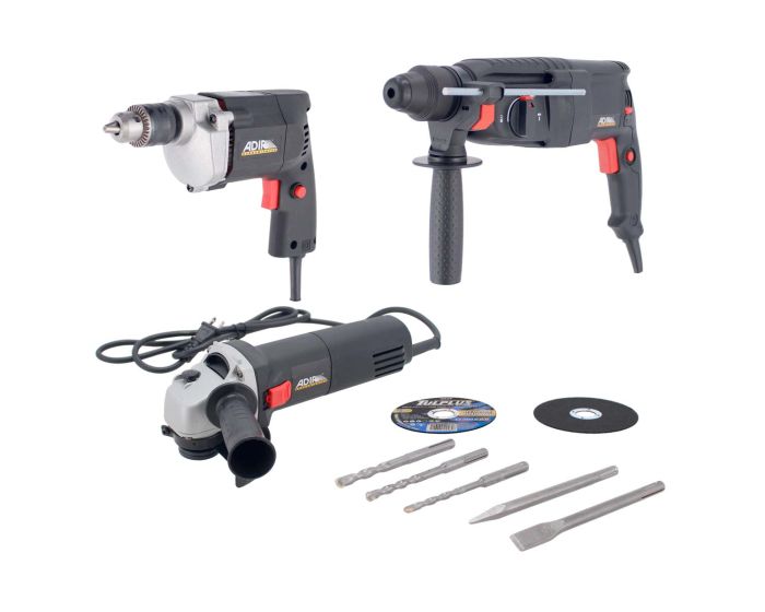 Kit de Rotomartillo SDS Plus + Esmeriladora + Taladro/rotomartillo 11557 Adir