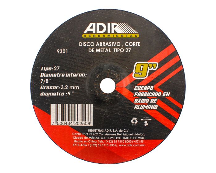 Disco abrasivo, corte de metal 9" x 3.2 mm 9301 Adir