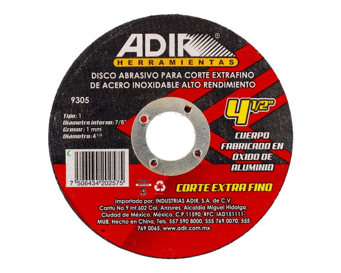 Disco abrasivo 4-1/2" x 1 mm para corte extra fino de metal 9305 Adir