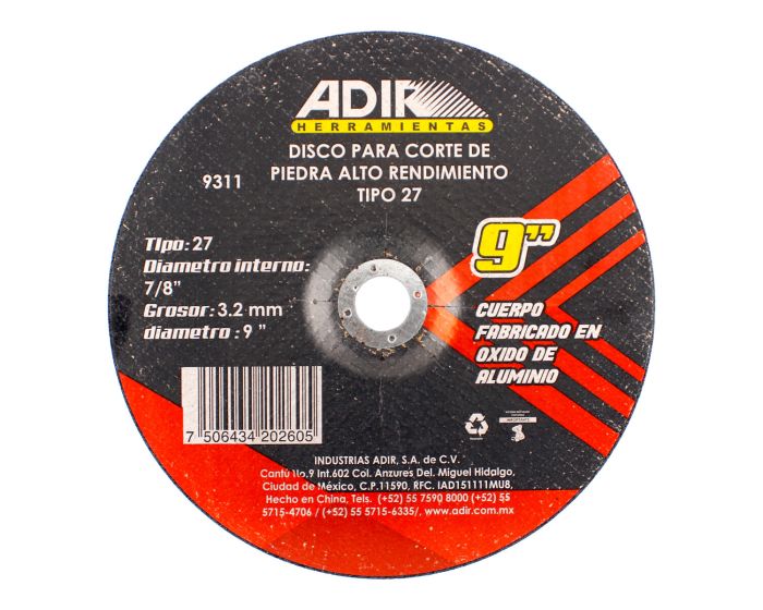 Disco abrasivo 9" x 3.2 mm para corte de piedra 9311 Adir