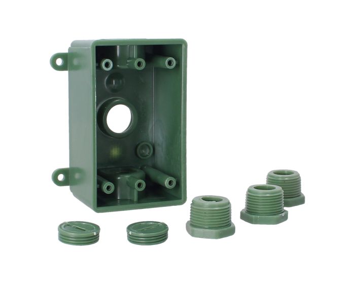 Caja rectangular no metálica verde 3 orificios roscados 1/2" o 3/4" CAPR719V ARGOS