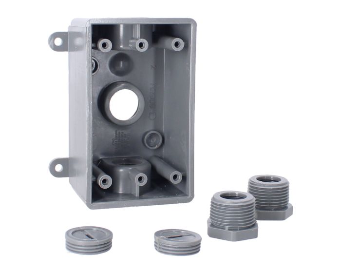 Caja rectangular no metálica gris 3 orificios roscados 1/2" o 3/4" CAPR719G ARGOS