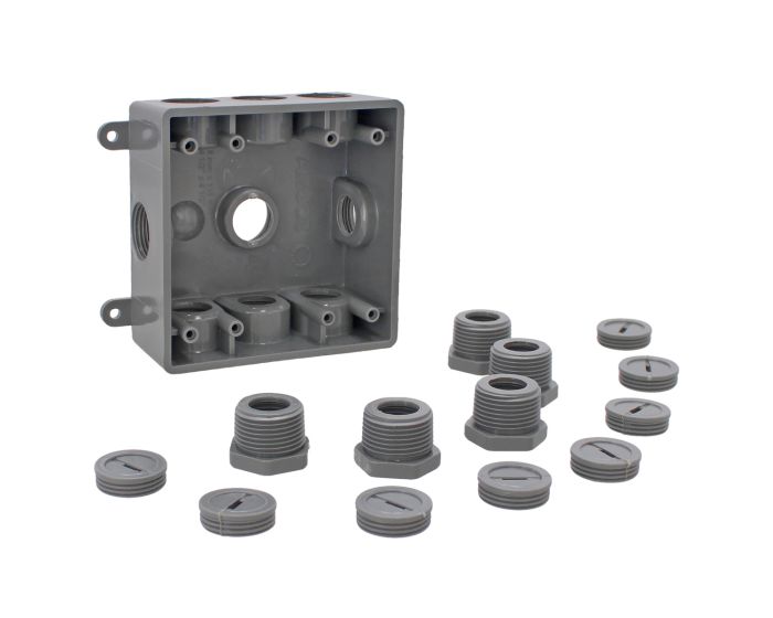 Caja cuadrada no metálica gris 9 orificios roscados de 1/2" o 3/4" CAPC719G ARGOS