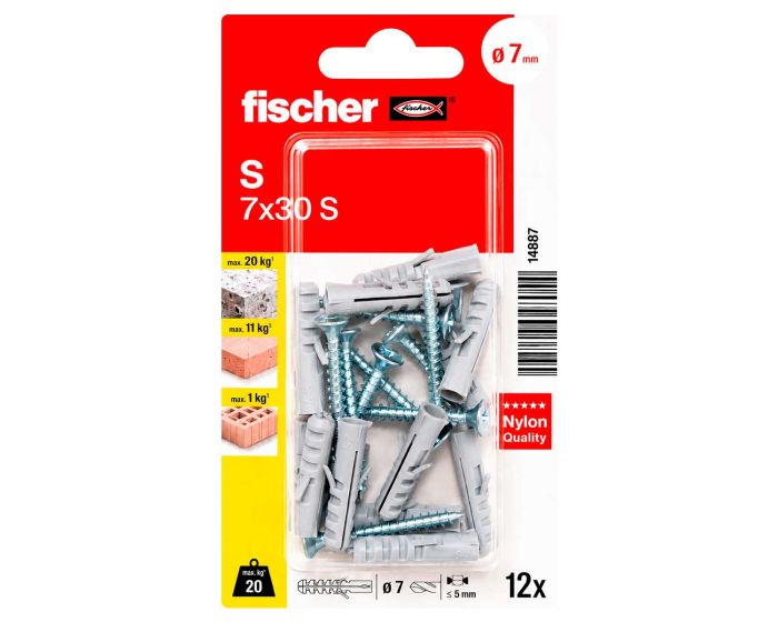 Kit de 12 taquetes de expansión S 7x30 con tornillos 14887 Fischer