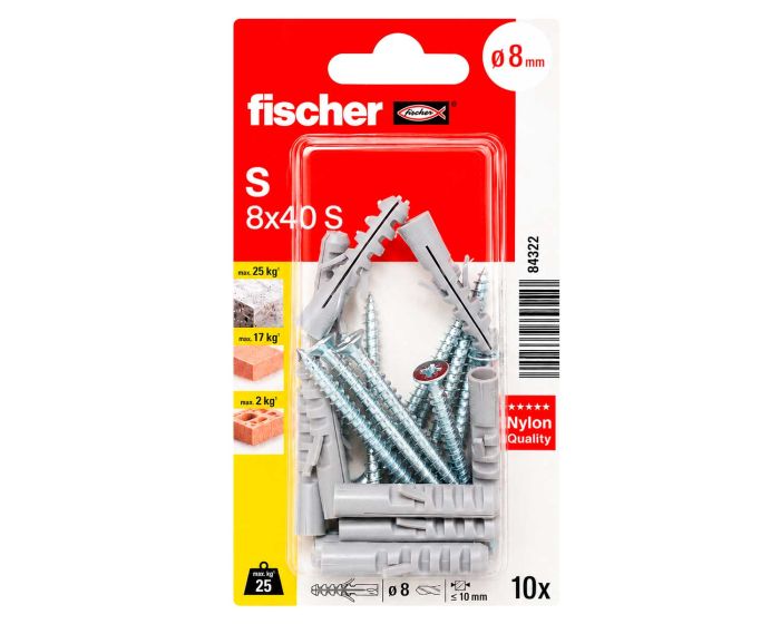 Kit de 10 taquetes de expansión S 8x40 con tornillos 84322 Fischer
