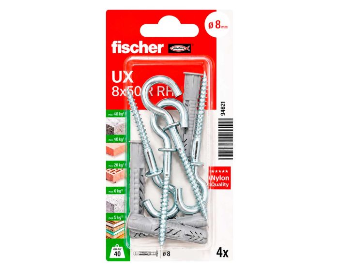 Kit de 4 taquetes universales UX 8x50 R RH con alcayatas roscadas 94621 Fischer