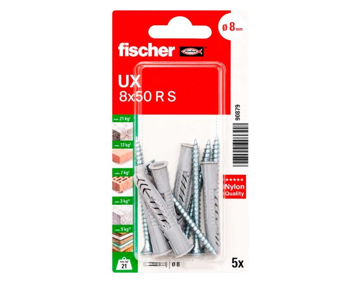 Kit de 5 taquetes universales UX 8x50 R S con tornillos 90879 Fischer