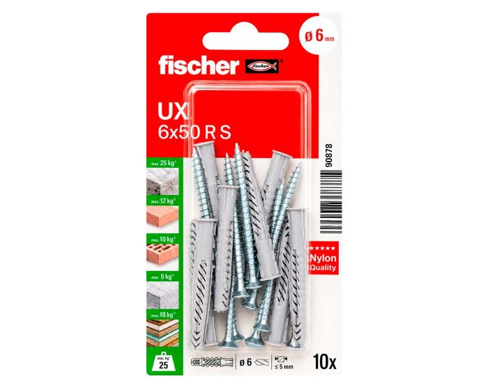 Kit de 10 taquetes universales UX 6x50 R S con tornillos 90878 Fischer