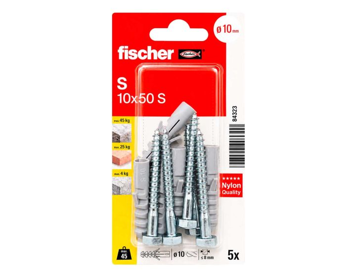 Kit de 5 taquetes de expansión S 10x50 S con tornillos 84323 Fischer