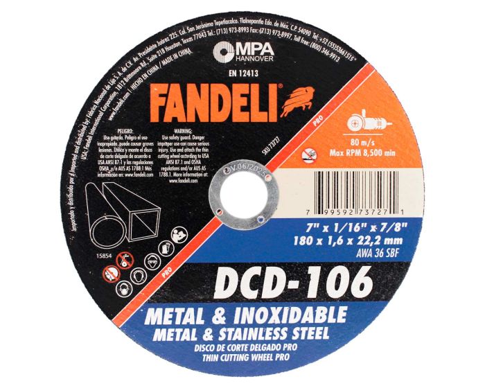 Disco para corte de metal y acero inoxidable 7" DCD-106 Fandeli