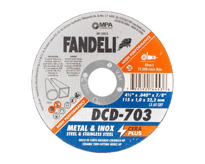 Disco para corte de metal y acero inoxidable 4-1/2" DCD-703 Fandeli