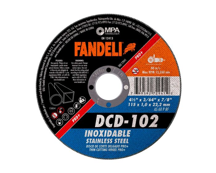 Disco para corte de acero inoxidable 4-1/2" DCD-102 Fandeli