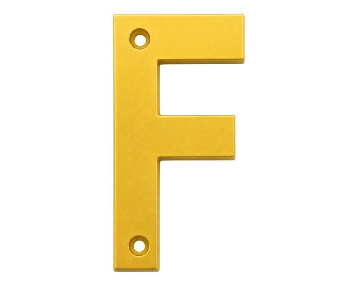 Letra "F" decorativa 83 mm de aluminio dorado