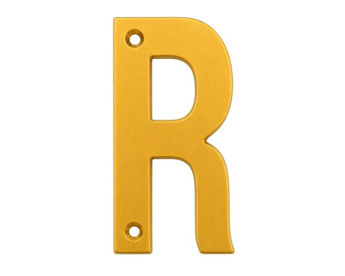 Letra "R" decorativa 83 mm de aluminio dorado
