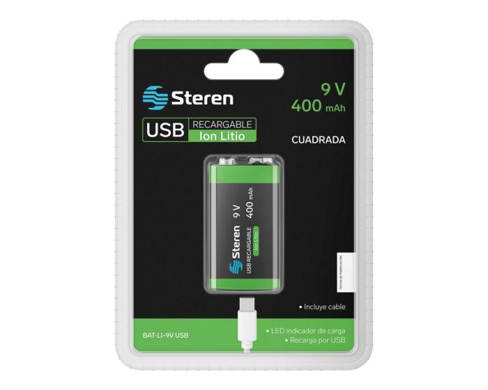 Batería cuadrada recargable USB Li-Ion tipo 9V de 3600 mWh BAT-LI-9V USB Steren