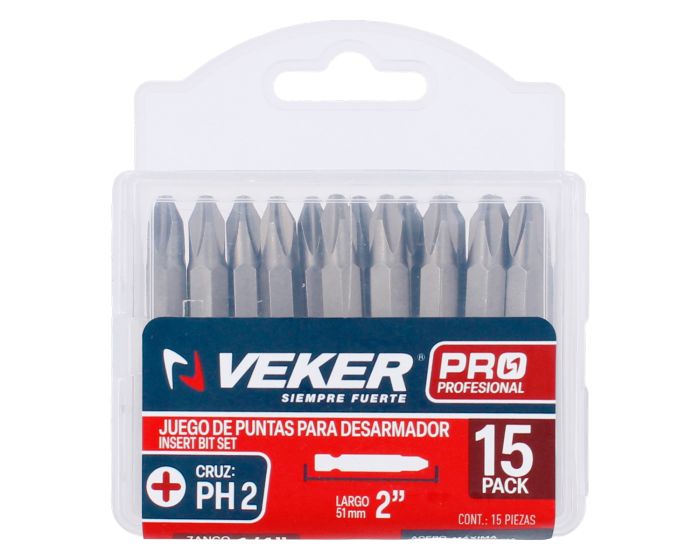 Puntas Phillips PH2 para desarmador de 2" con 15 piezas 12373 Veker