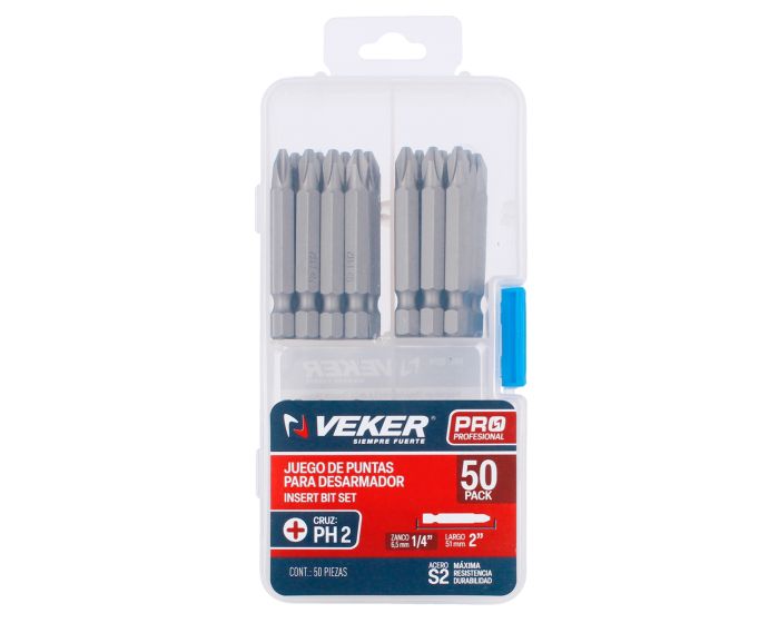 Puntas Phillips PH2 para desarmador de 2" con 50 piezas 12374 Veker