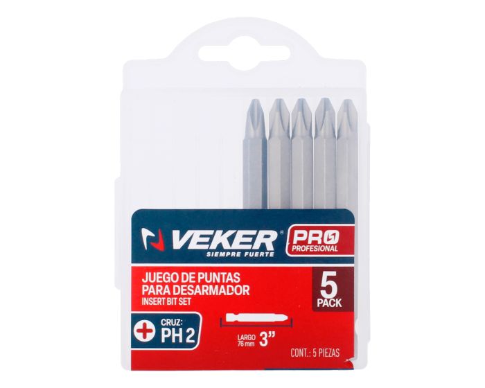 Puntas Phillips PH2 para desarmador de 3" con 5 piezas 12375 Veker