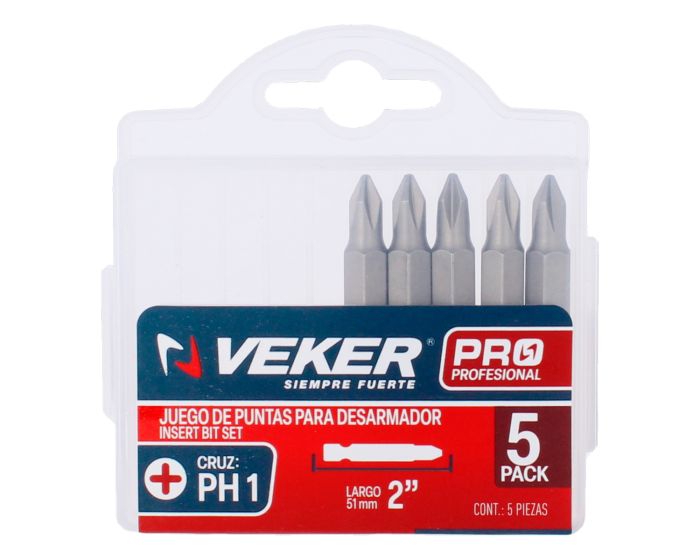 Puntas Phillips PH1 para desarmador de 2" con 5 piezas 12379 Veker