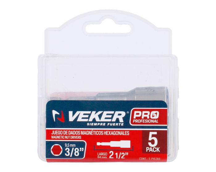 Dados magnéticos hexagonales de 3/8" x 2-1/2" con 5 piezas 12381 Veker
