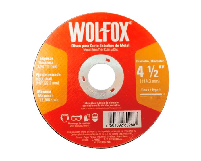 Disco para corte extrafino de metal 4-1/2" Tipo 1 WF0699 Wolfox