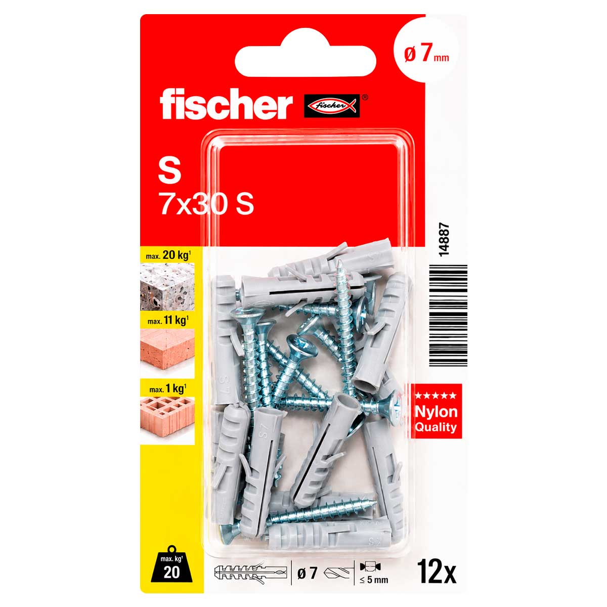 Kit de 12 taquetes de expansión S 7x30 con tornillos 14887 Fischer