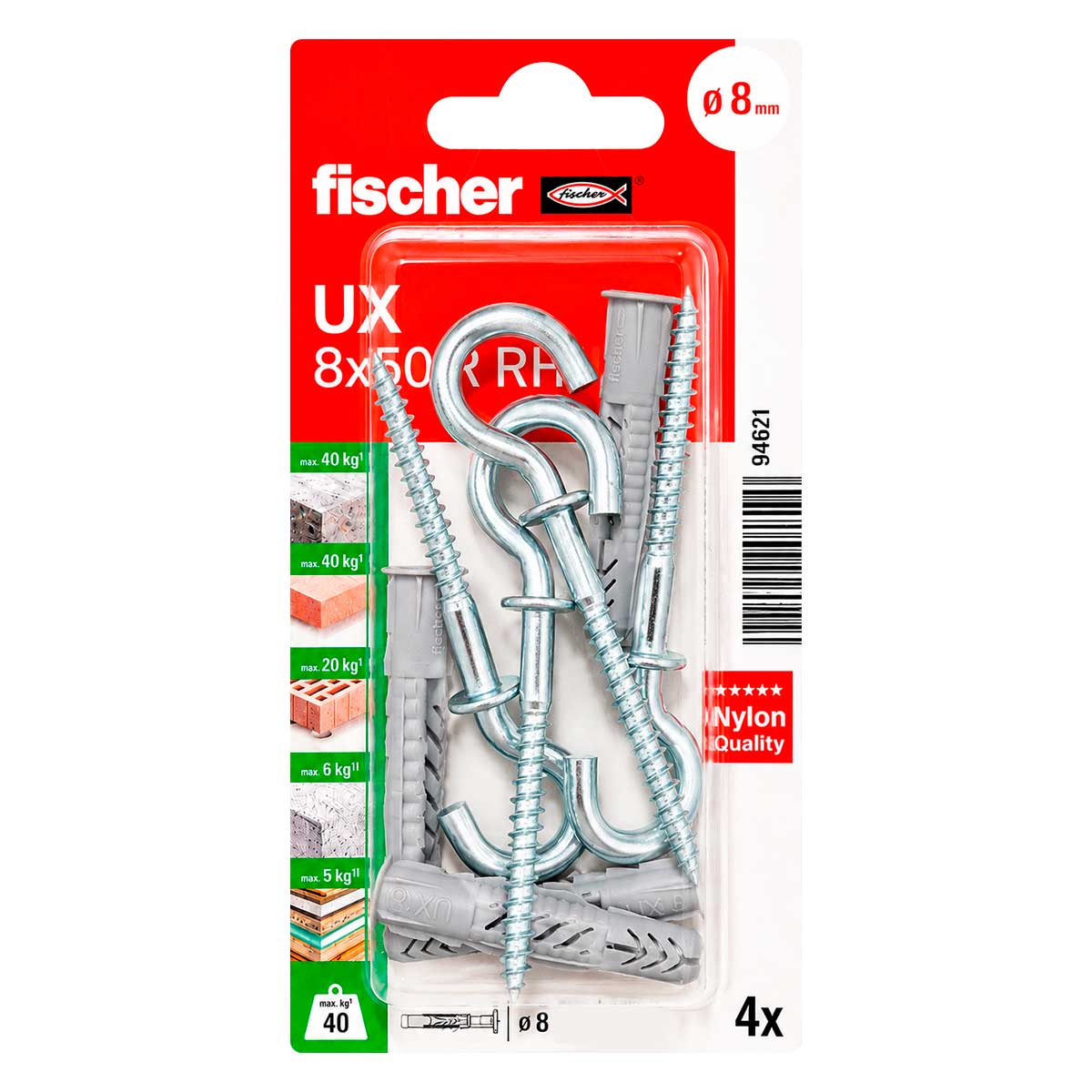 Kit de 4 taquetes universales UX 8x50 R RH con alcayatas roscadas 94621 Fischer