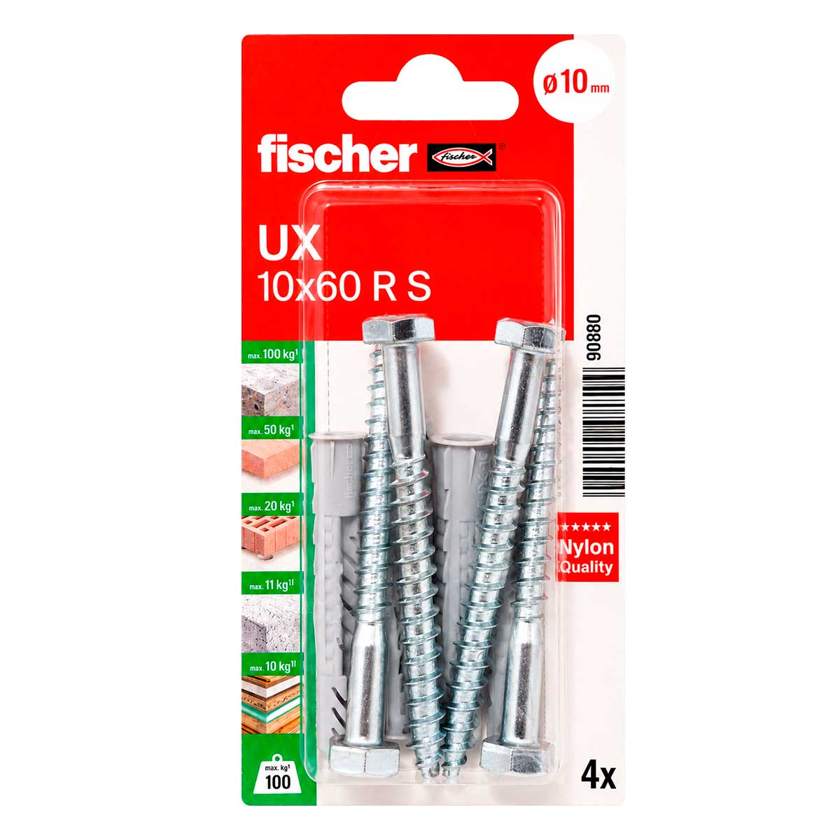 Kit de 4 taquetes universales UX 10x60 R S con tornillos 90880 Fischer