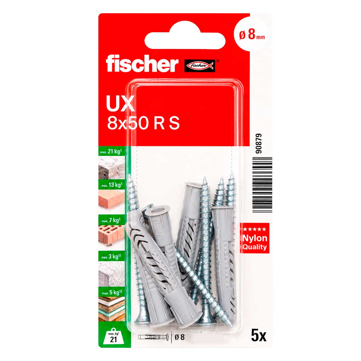 Kit de 5 taquetes universales UX 8x50 R S con tornillos 90879 Fischer