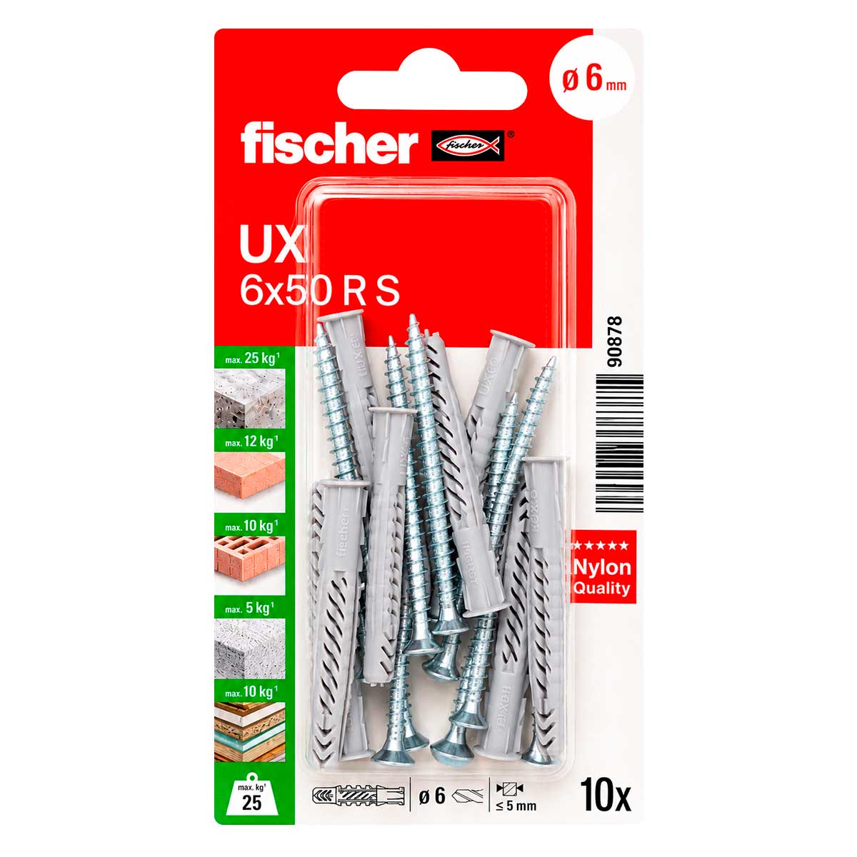 Kit de 10 taquetes universales UX 6x50 R S con tornillos 90878 Fischer